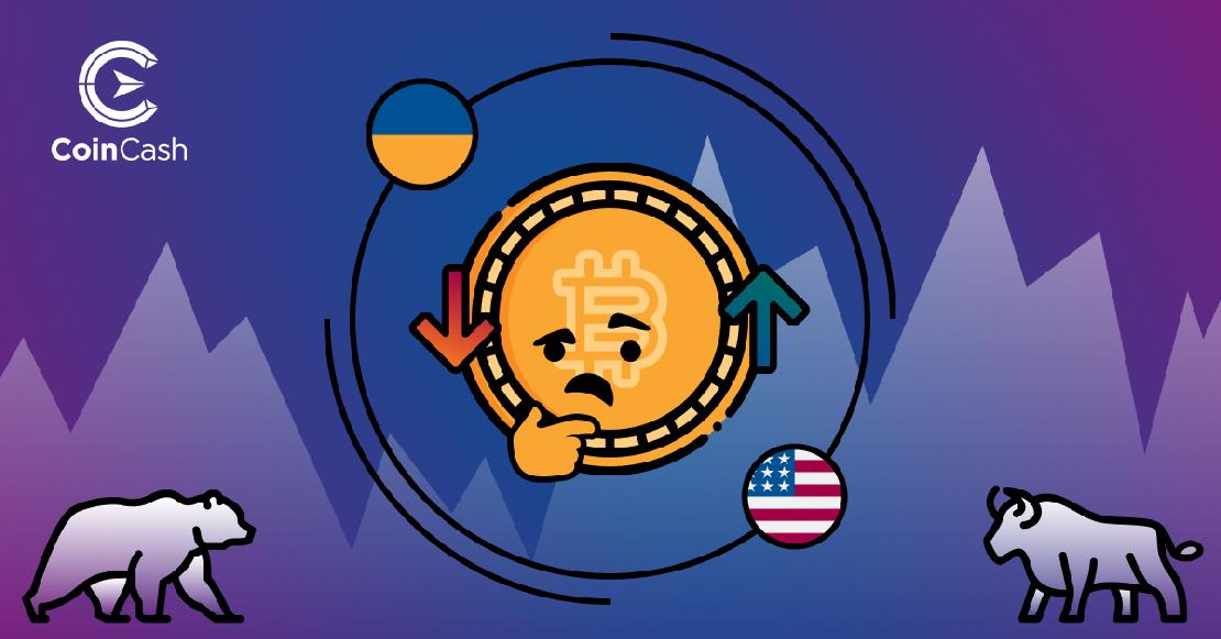 Egy gondolkodó arckifejezésű Bitcoin érme, mellette felfele és lefelé mutató nyilakkal és ukrán-, valamint amerikai zászlóval, a háttérben árfolyam grafikont jelző mintával és egy medvével, valamint bikával